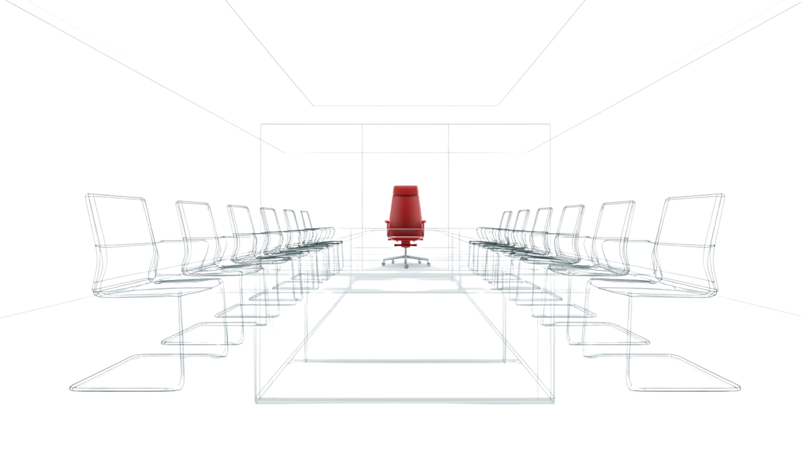 Single red chair at the head of a boardroom table